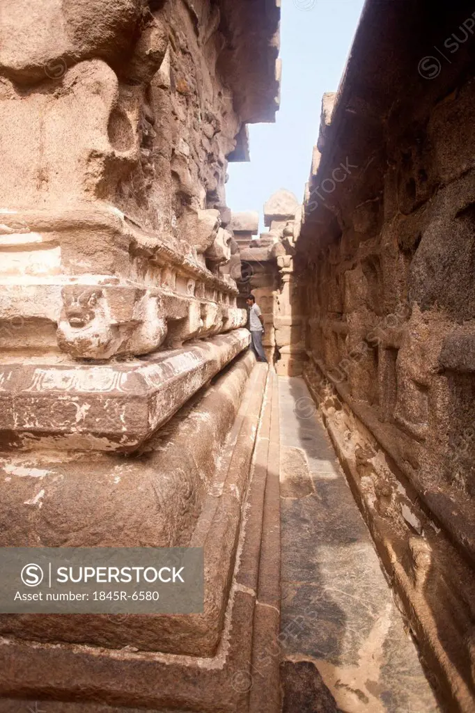 Carving details of ancient Shore Temple at Mahabalipuram, Kanchipuram District, Tamil Nadu, India