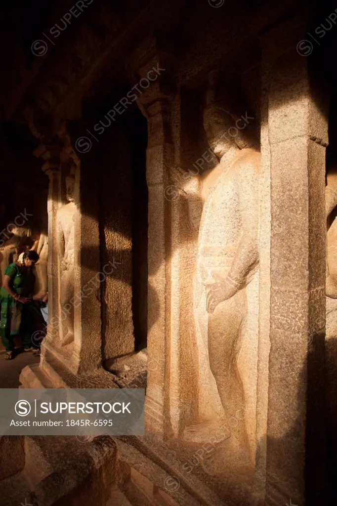Carving details of Varaha Cave Temple, Mahabalipuram, Kanchipuram District, Tamil Nadu, India