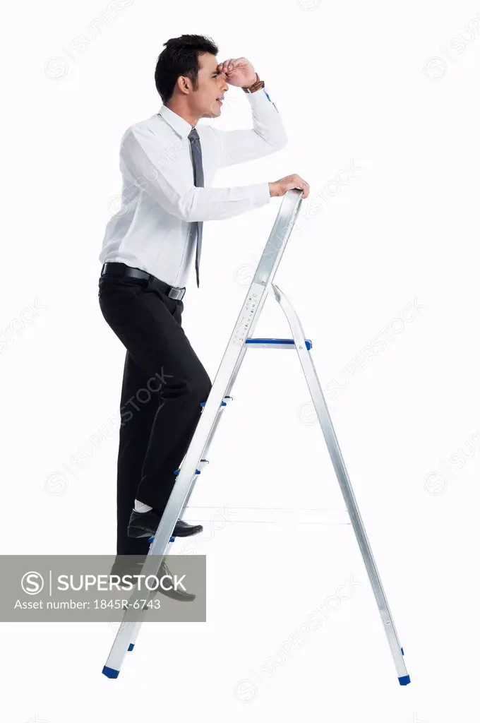 Businessman on a ladder with shielding eyes