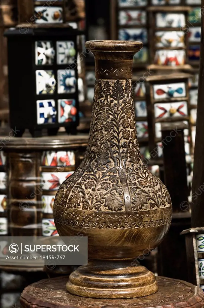 Close-up of an antique decorative urn in a souvenir shop