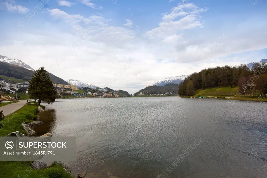 Lake with town in the background, St. Moritz, Italy
