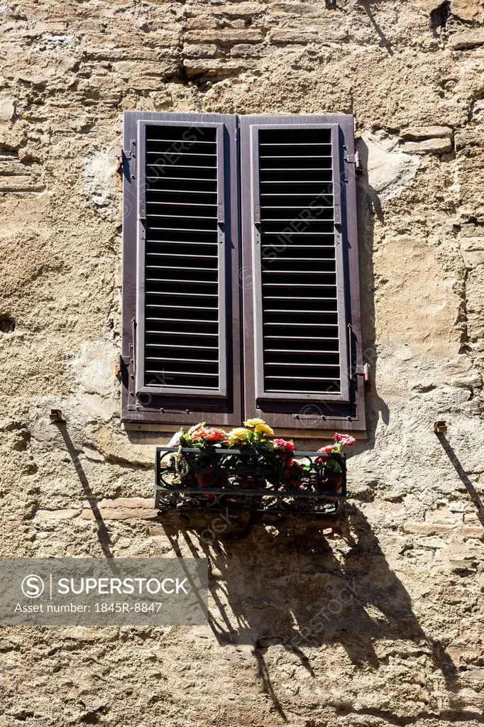 Low angle view of a window box, San Gimignano, Siena, Siena Province, Tuscany, Italy