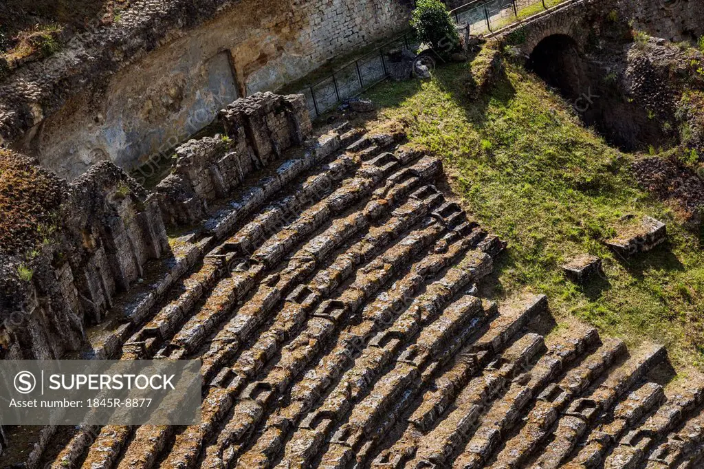 High angle view of ruins of ancient roman amphitheatre, Volterra, Province of Pisa, Tuscany, Italy