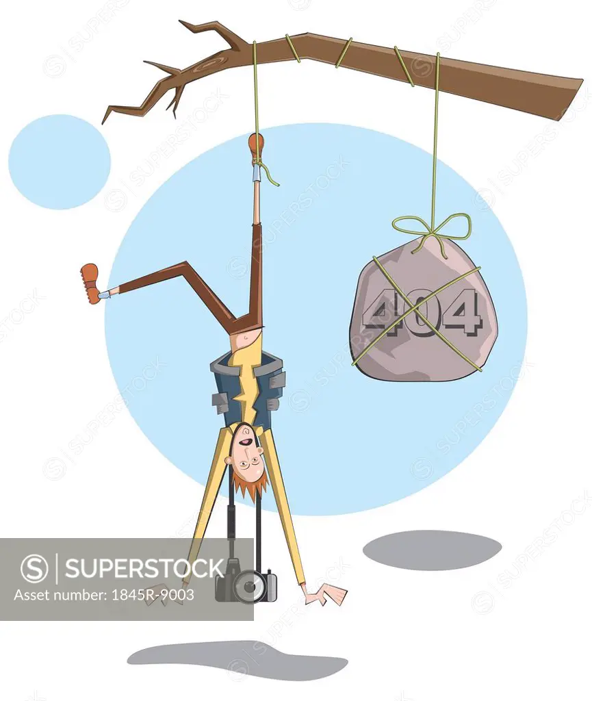 Illustrative representation of a photographer hanging upside down