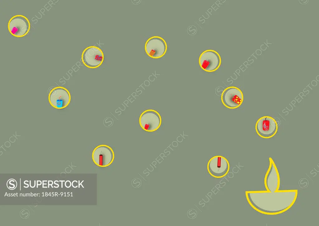Diwali oil lamp with firecrackers isolated on colored background