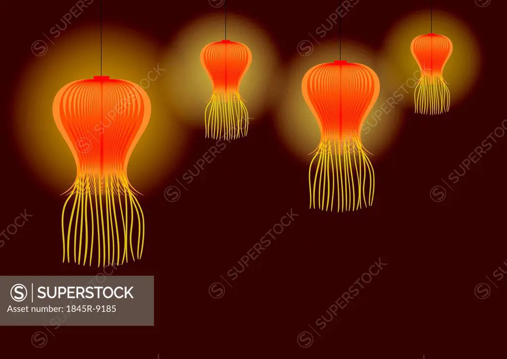 Diwali decoration with paper lanterns isolated on brown background