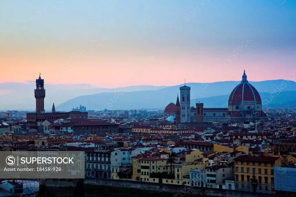 Palazzo Vecchio and Duomo Santa Maria Del Fiore at dusk, Florence, Tuscany, Italy