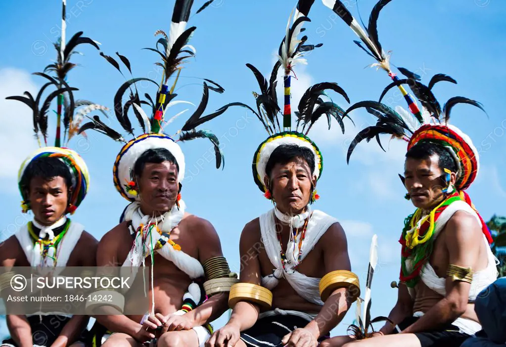 Naga tribal men in traditional outfit, Hornbill Festival, Kohima, Nagaland, India