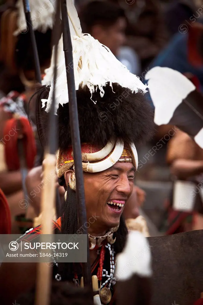Naga tribal warrior in traditional outfit, Hornbill Festival, Kohima, Nagaland, India
