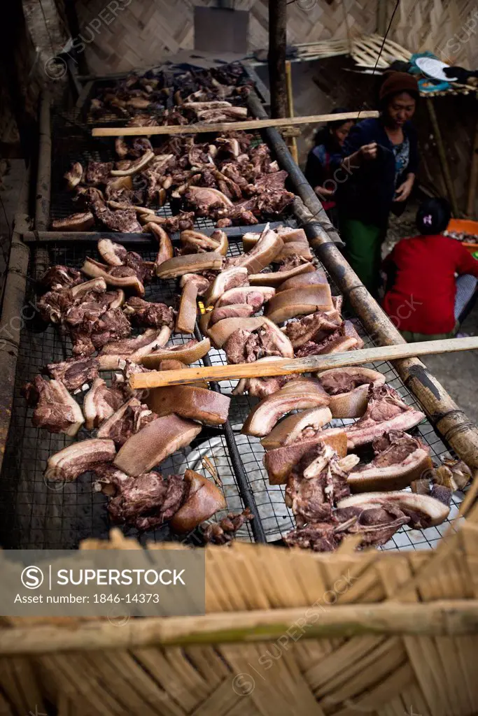 Assorted meat pieces drying in the kitchen of a Naga tribe, Kohima, Nagaland, India