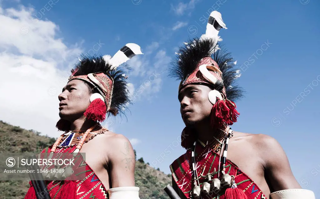 Naga tribal warriors in traditional outfit, Hornbill Festival, Kohima, Nagaland, India