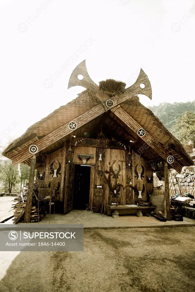 Facade of a Naga tribal hut, Kohima, Nagaland, India