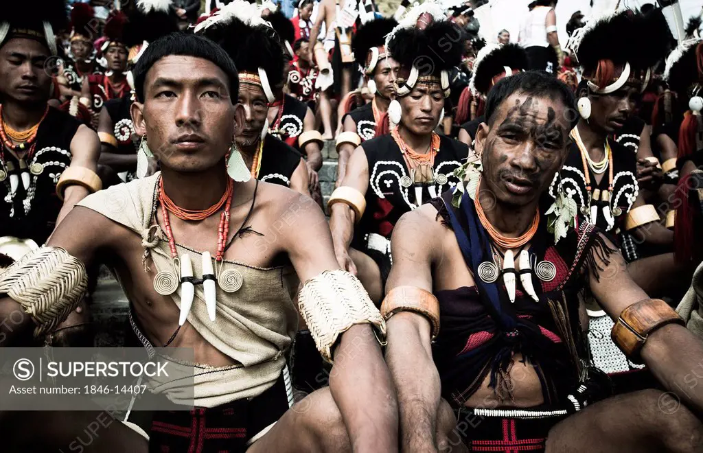 Naga tribal people in traditional outfit during Hornbill Festival, Kohima, Nagaland, India