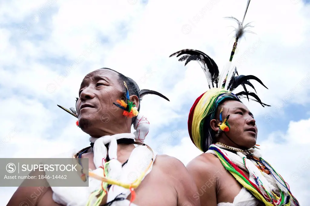 Naga tribal men in traditional outfit, Hornbill Festival, Kohima, Nagaland, India