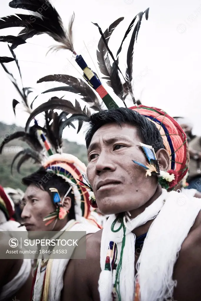 Naga tribal men dancing in traditional outfit, Hornbill Festival, Kohima, Nagaland, India