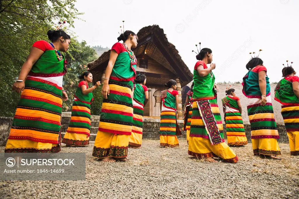 Naga tribal women performing traditional dance in Hornbill Festival, Kohima, Nagaland, India