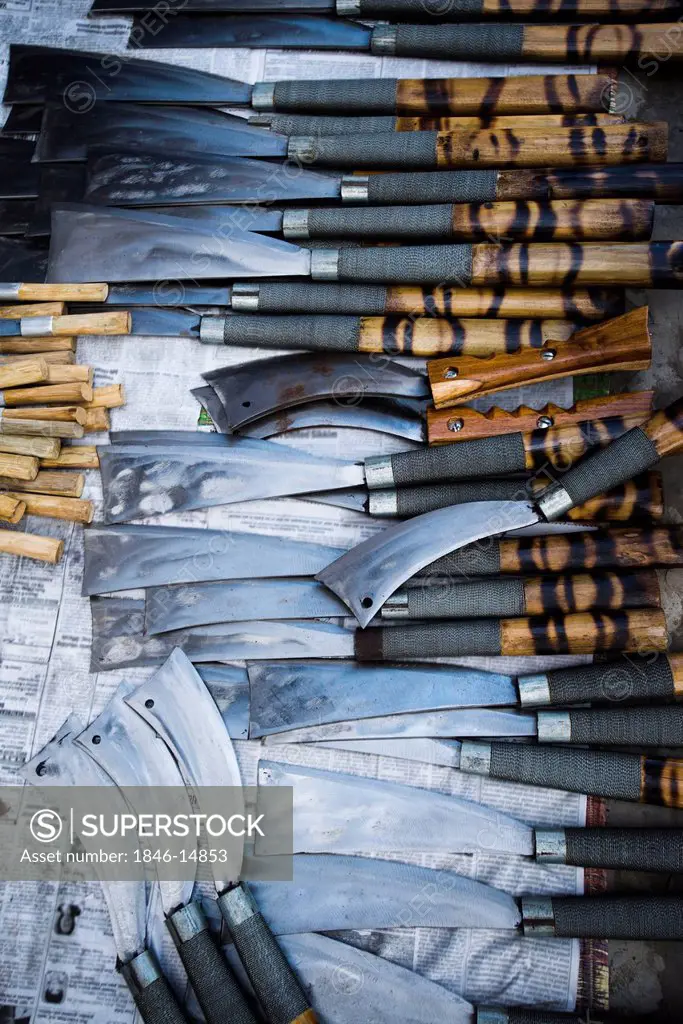 Collection of traditional Naga tribal weapons, Kisama, Kohima, Nagaland, India
