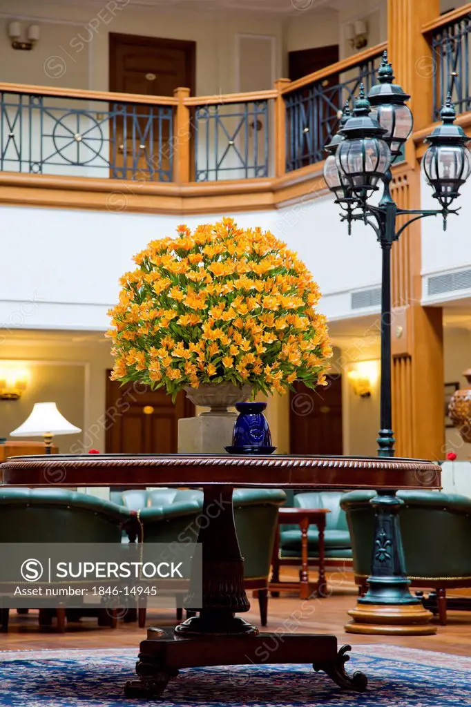 Flower pot on a table at the courtyard of a luxury hotel, Shimla, Himachal Pradesh, India