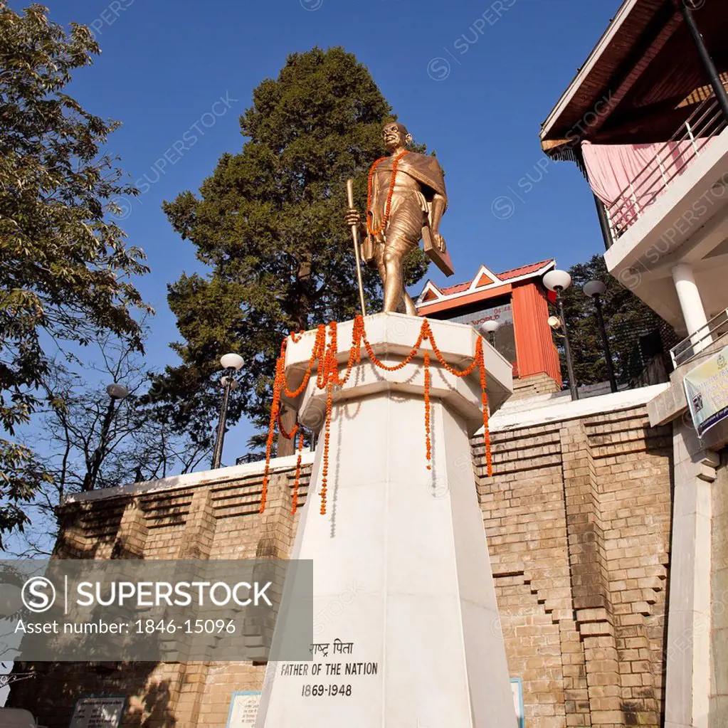 Low angle view of the monumental sculpture of Mahatma Gandhi, Shimla, Himachal Pradesh, India