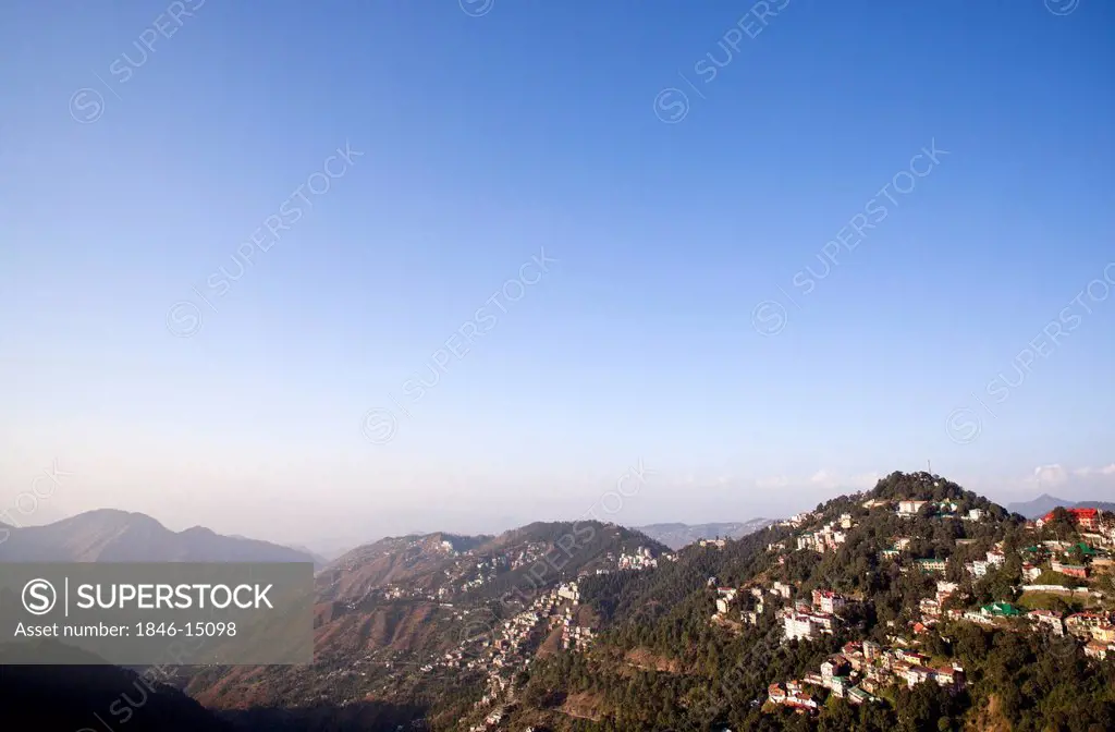 High angle view of town on a mountain, Shimla, Himachal Pradesh, India
