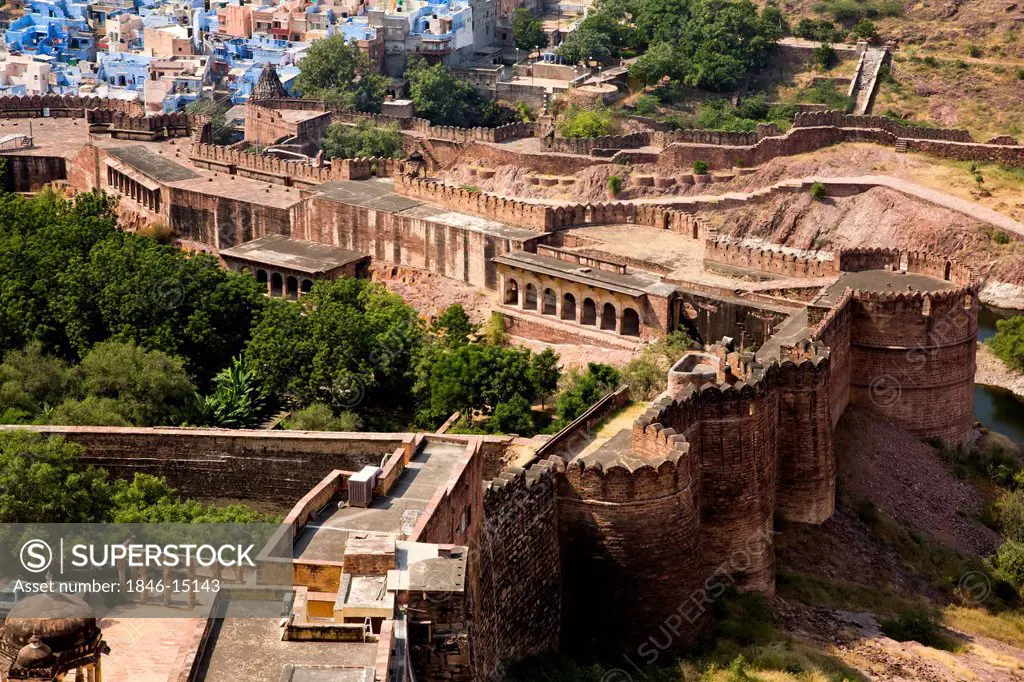 High angle view of a fort, Meherangarh Fort, Jodhpur, Rajasthan, India