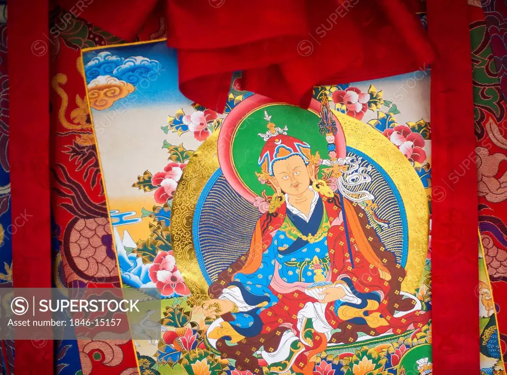 Close-up of a painting in Buddhist monastery, Tibetan Monastery, Delhi, India