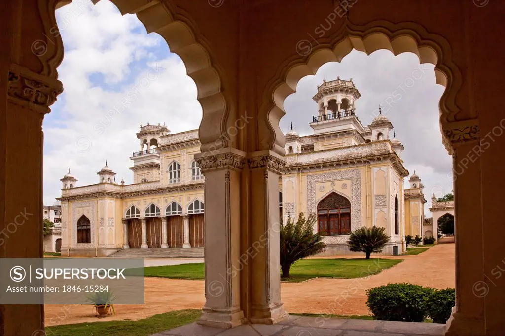 Facade of a palace viewed through arch, Chowmahalla Palace, Hyderabad, Andhra Pradesh, India