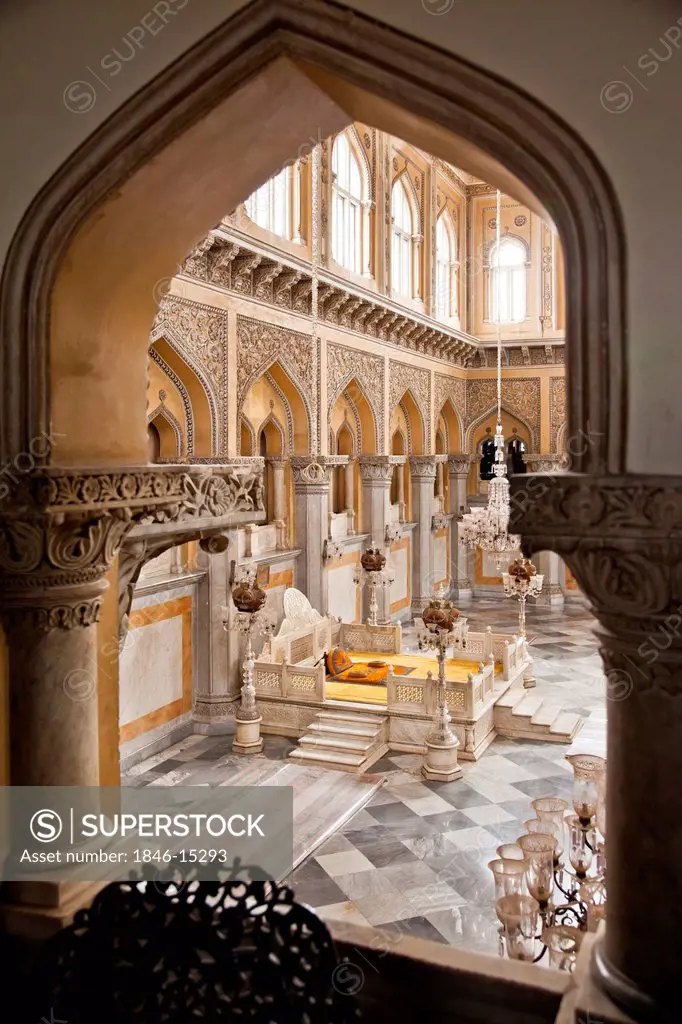 Interiors of a Palace viewed through arch, Chowmahalla Palace, Andhra Pradesh, India
