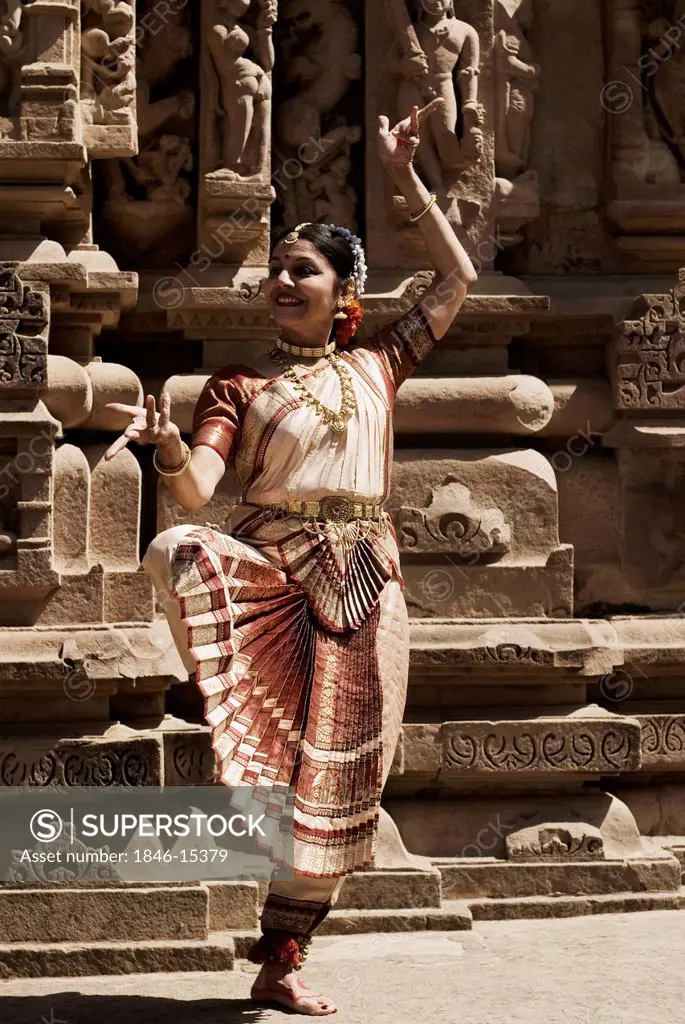 Dancer performing Bharatnatyam in Khajuraho Dance Festival, Khajuraho, Chhatarpur District, Madhya Pradesh, India