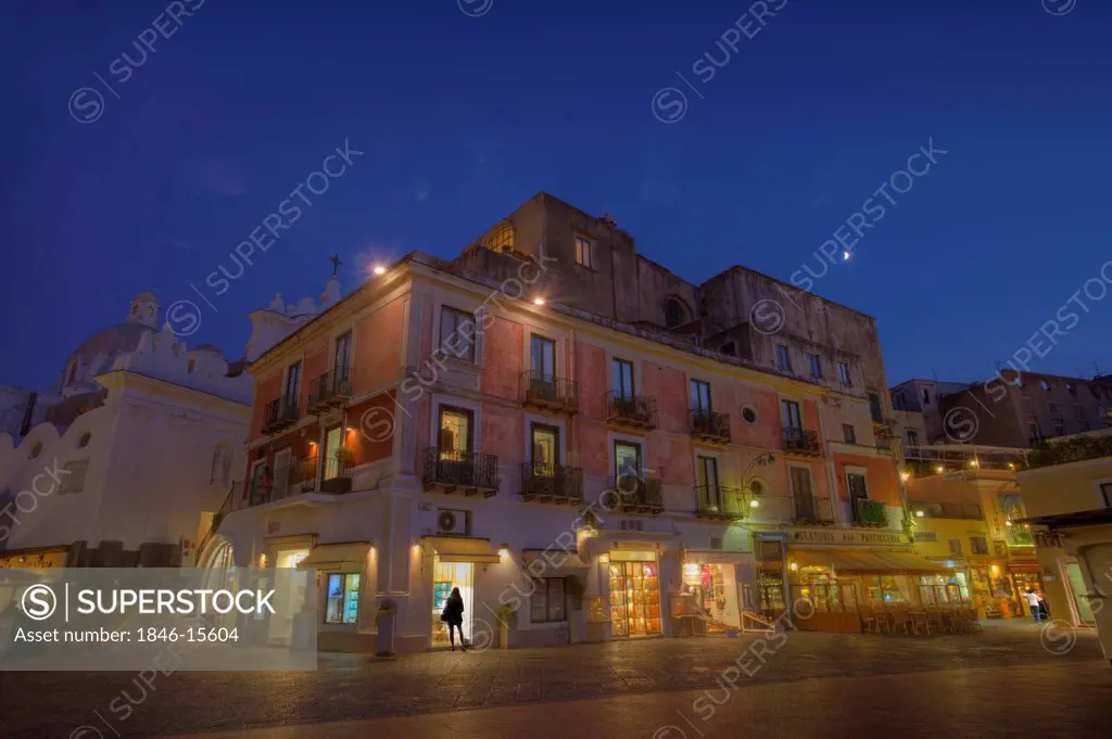 Buildings lit up at night at a town square, Piazza Del Funicolare, Capri, Campania, Italy