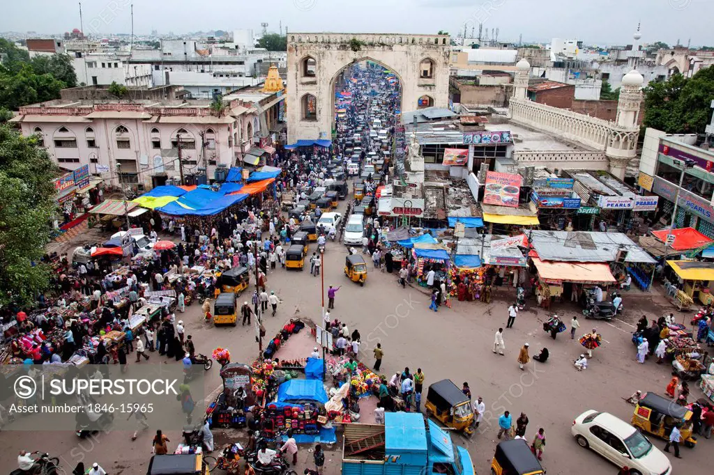 High angle view of crowd at market, Charminar Bazaar, Hyderabad, Andhra Pradesh, India