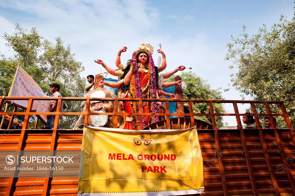 Statue of goddess Durga at a religious procession, Delhi, India