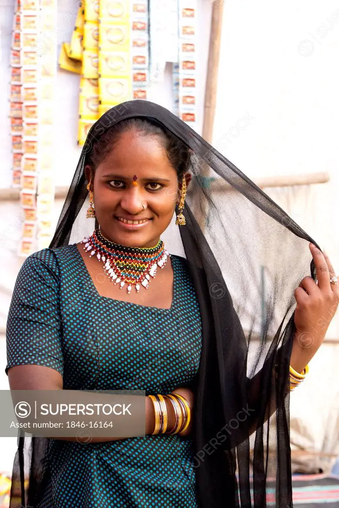 Portrait of a woman smiling, Pushkar, Ajmer, Rajasthan, India