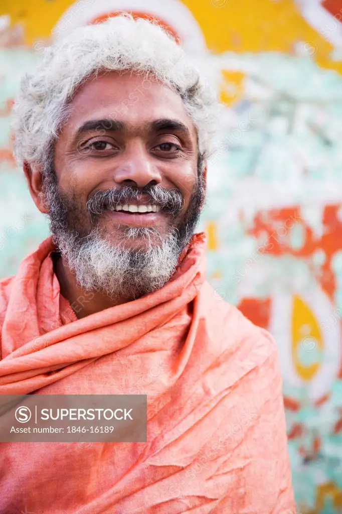 Portrait of a sadhu smiling, Pushkar, Ajmer, Rajasthan, India