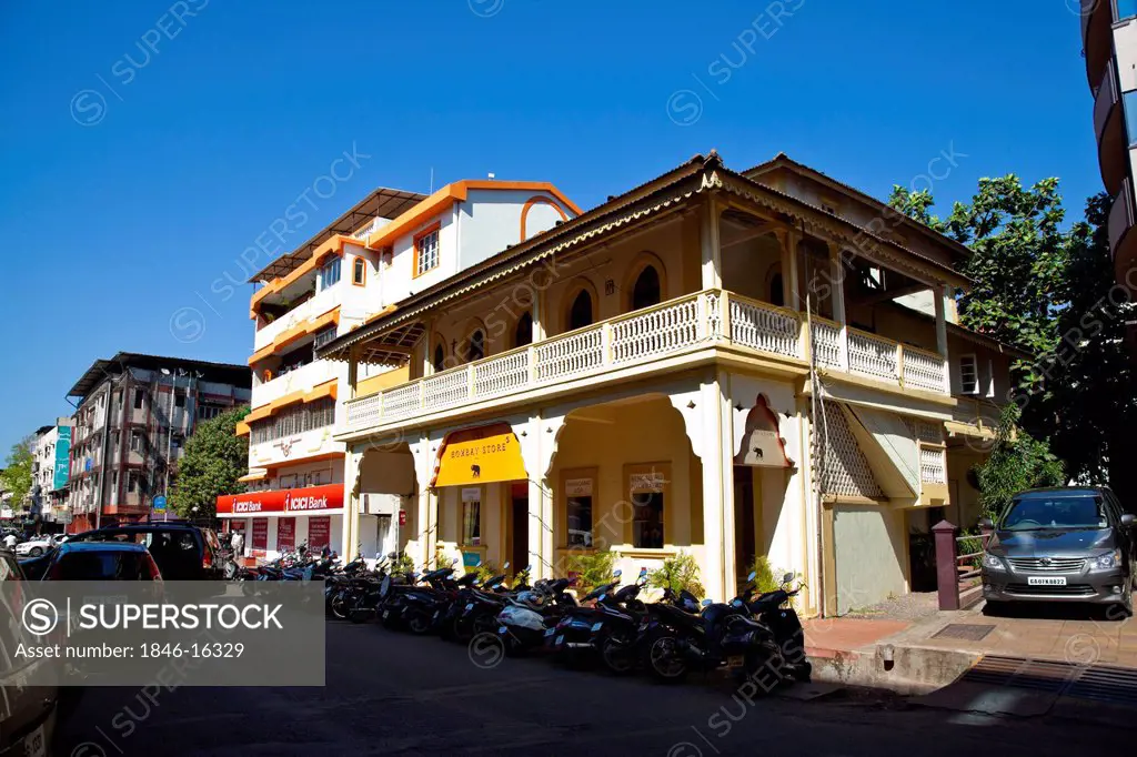 Facade of a building at the roadside, Bombay Stores, Panaji, Goa, India