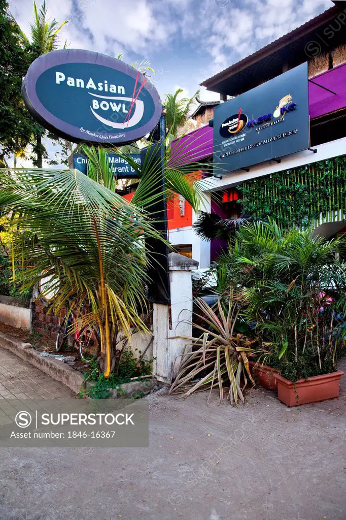 Sign board at a restaurant, Pan Asian Bowl, Panaji, Goa, India