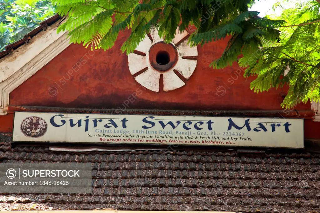 Sign board of a restaurant, Gujarat Sweet Mart, Panaji, North Goa, Goa, India