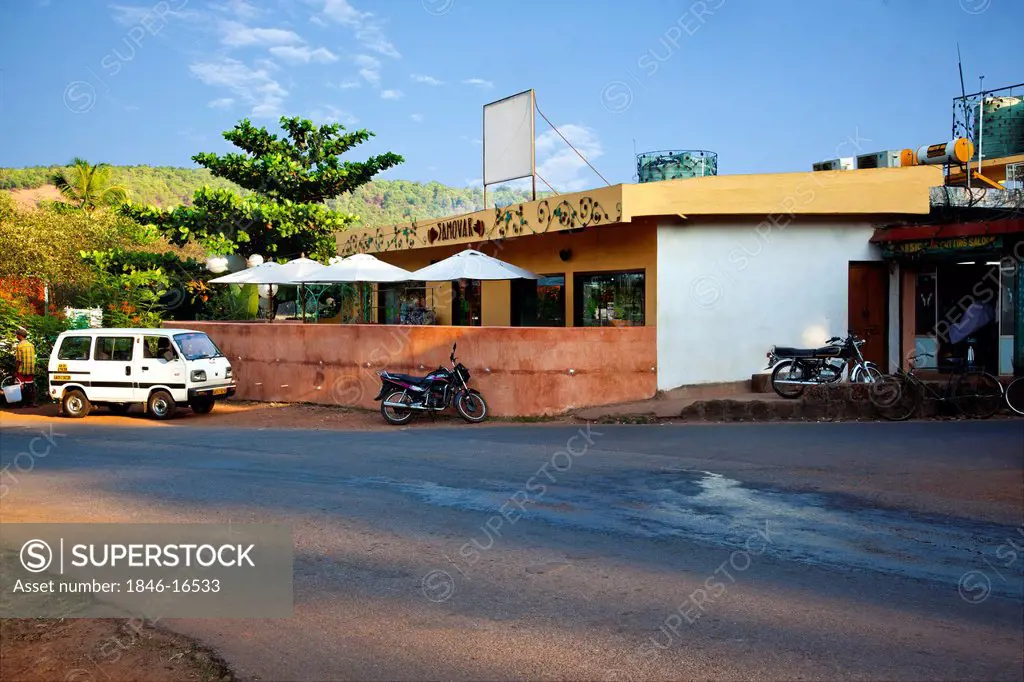 Vehicles outside a restaurant, House 1136 Mazal Waddo, Opposite Sirsat Wines, Samovar Anjuna, Bardez, North Goa, Goa, India