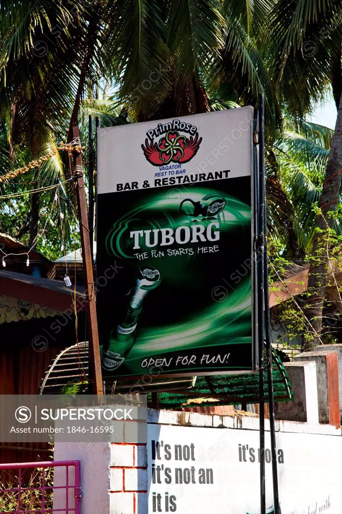 Sign board of a restaurant, Primrose Bar and Restaurant, Vagator Beach Road, Coutinho Vado, Vagator, Bardez, North Goa, Goa, India