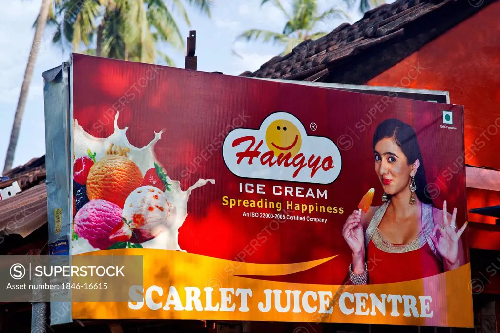 Sign board of a juice centre, Scarlet Juice Centre, Chapora Market Circle, Chapora Beach, Chapora, Bardez, North Goa, Goa, India