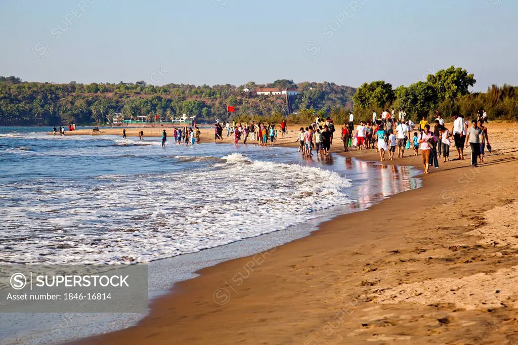 Tourists on the beach, Miramar Beach, Panaji, North Goa, Goa, India
