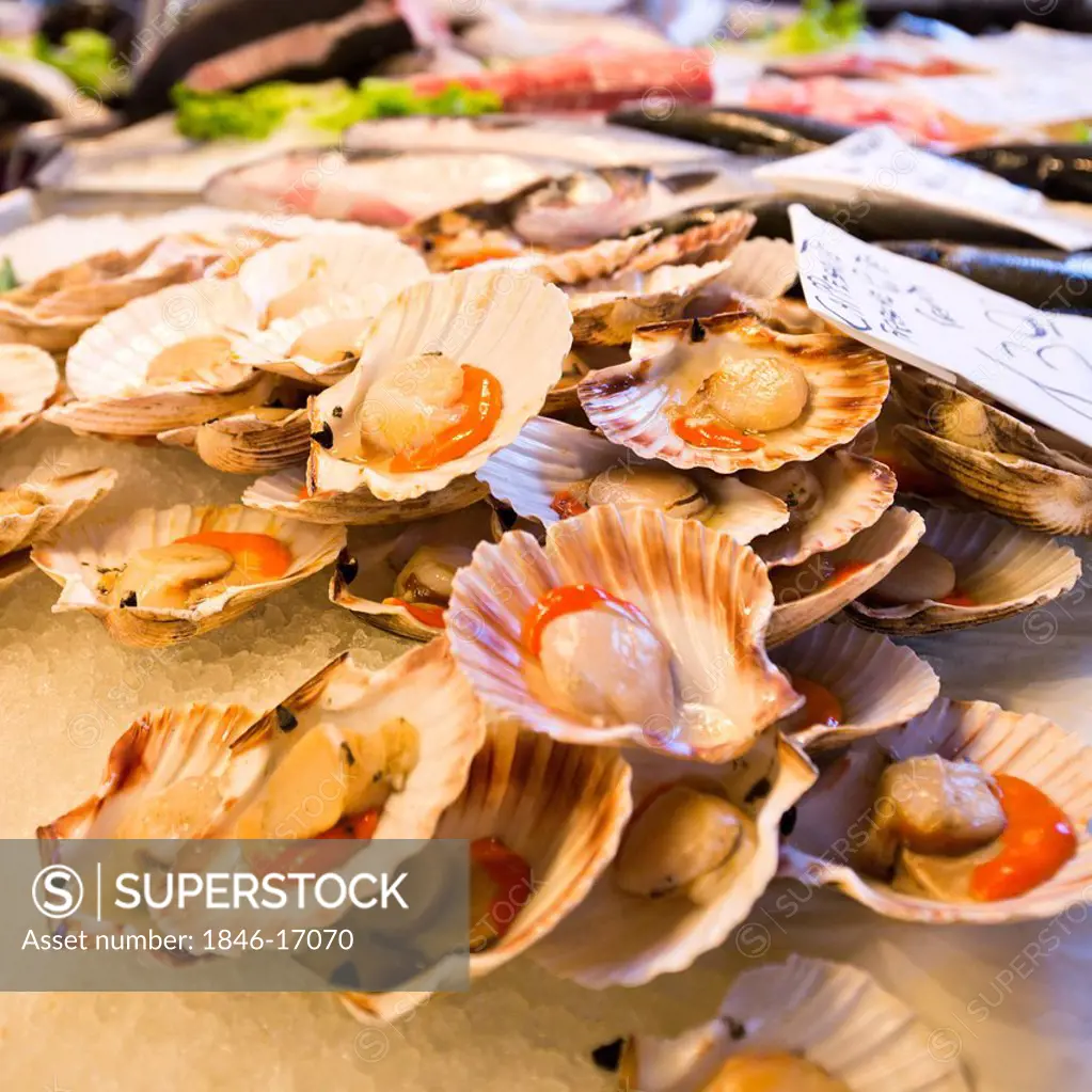 Seafood for sale at fish market, Tronchetto Mercato, Venice, Veneto, Italy