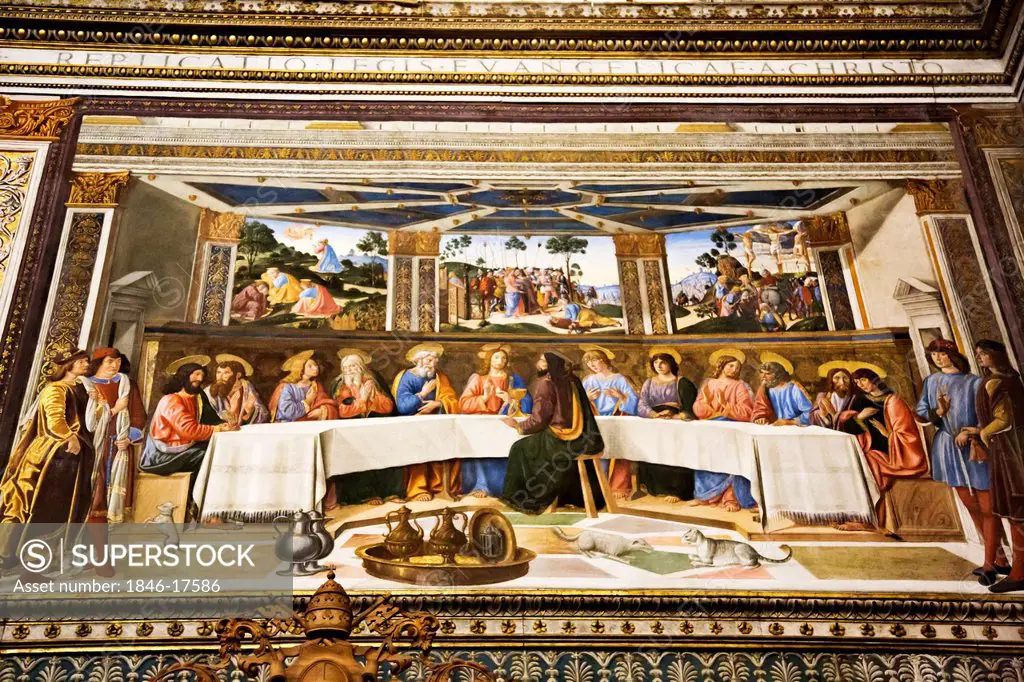Cosimo Rosselli's fresco of Last Supper in the chapel of a museum, Sistine Chapel, Vatican Museums, Vatican City, Rome, Lazio, Italy