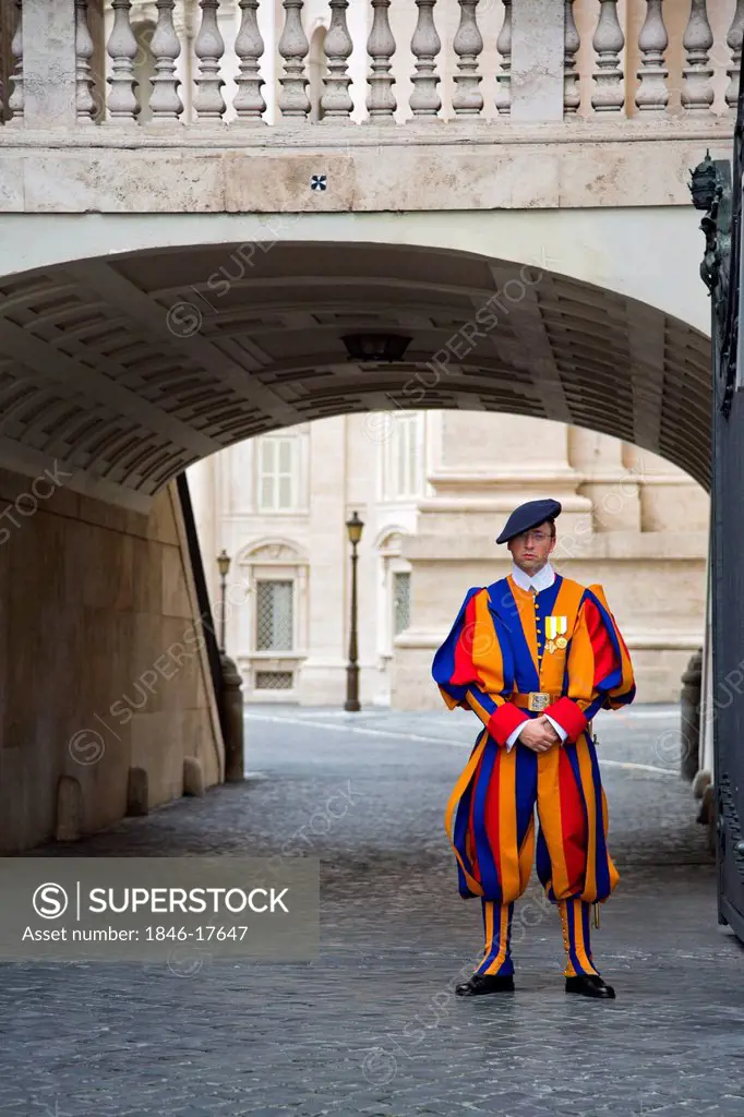 Swiss Guard on duty at St. Peter's Basilica, Vatican City, Rome, Lazio, Italy