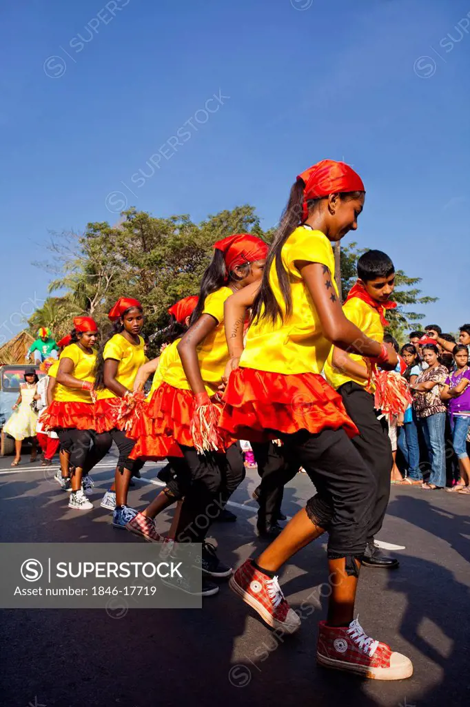 Girls performing at procession in the carnival, Goa Carnivals, Goa, India
