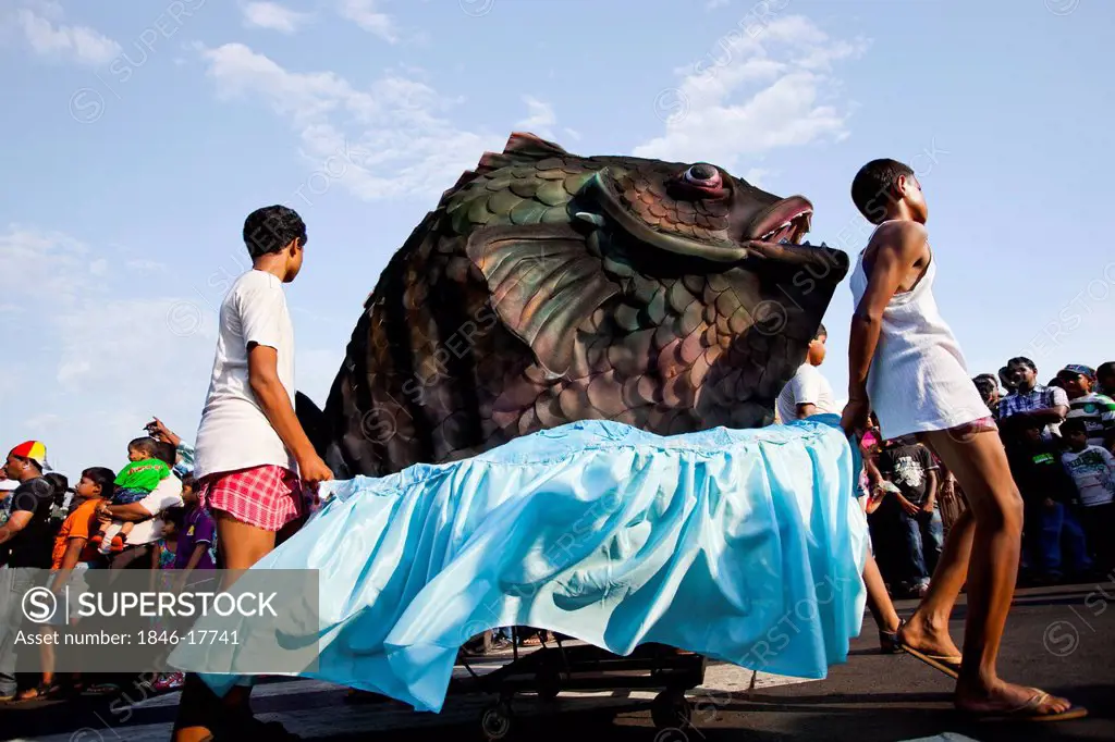 Sculpture of a fish at traditional procession in a carnival, Goa Carnivals, Goa, India