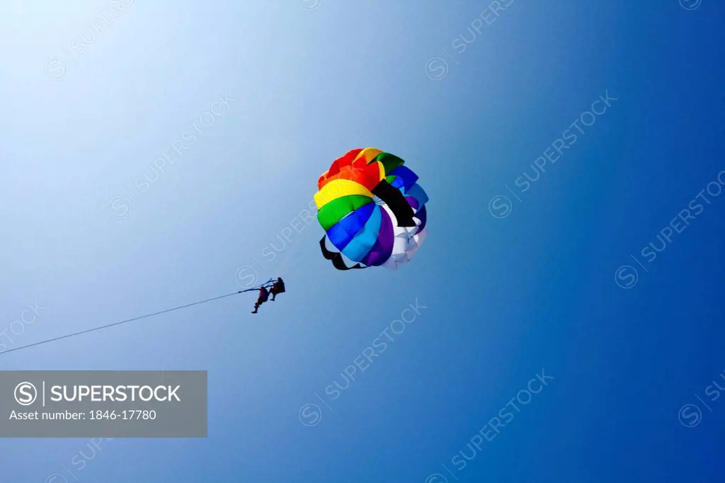 Tourists parasailing in the sky, Majorda Beach, Majorda, South Goa, Goa, India