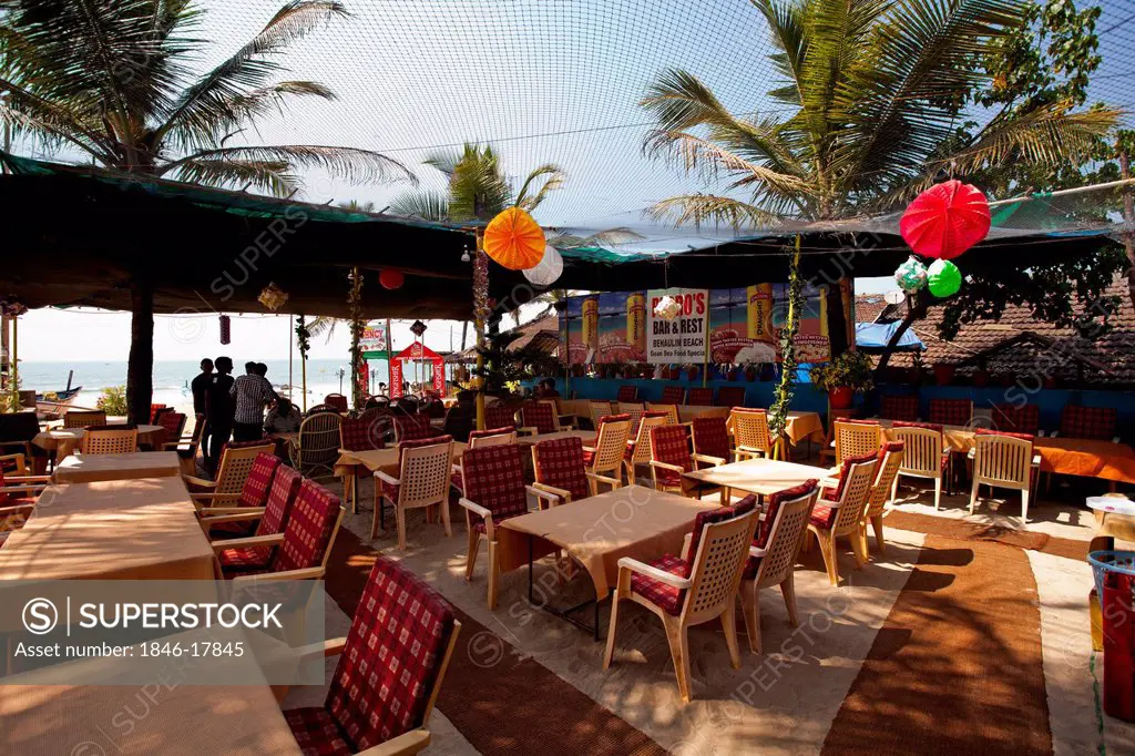 Tables and chairs in a restaurant, Pedro's Bar and Restaurant, Colva, South Goa, Goa, India