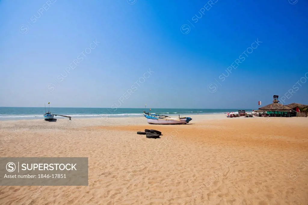 Boats on the beach, Benaulim Beach, Margao, South Goa, Goa, India