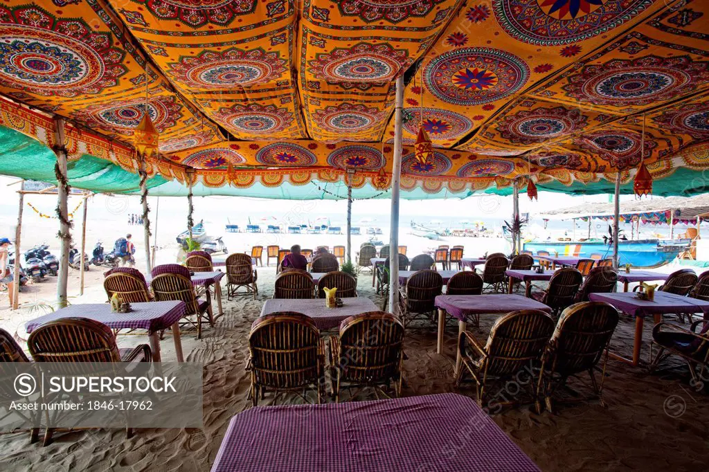Tables and chairs at a restaurant, Morning Star, Arambol Beach, Arambol, North Goa, Goa, India